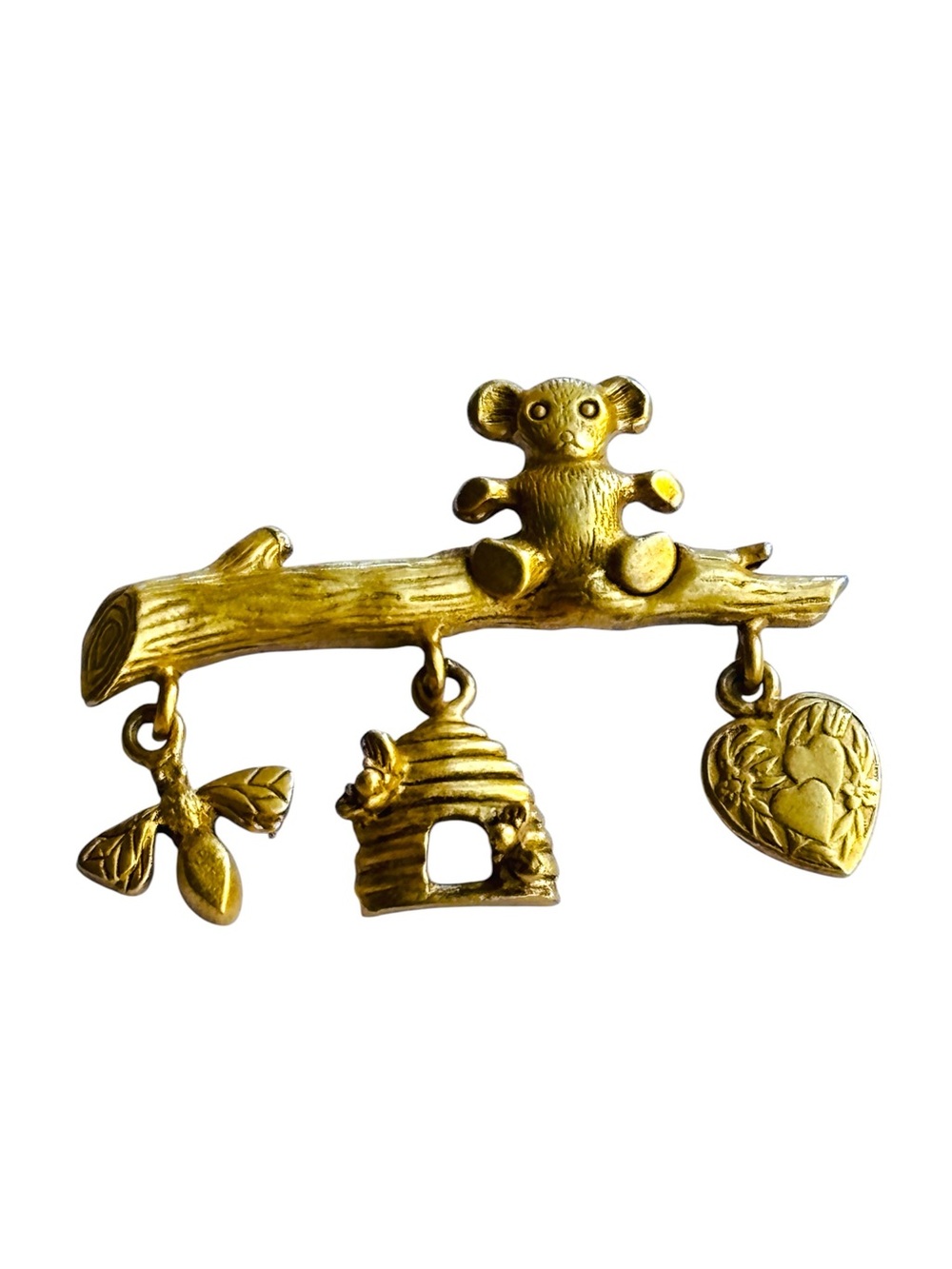 Luca Razza Vintage 1980s Honey Bear Brooch Gold Tone Heart Bee Beehive Dangle